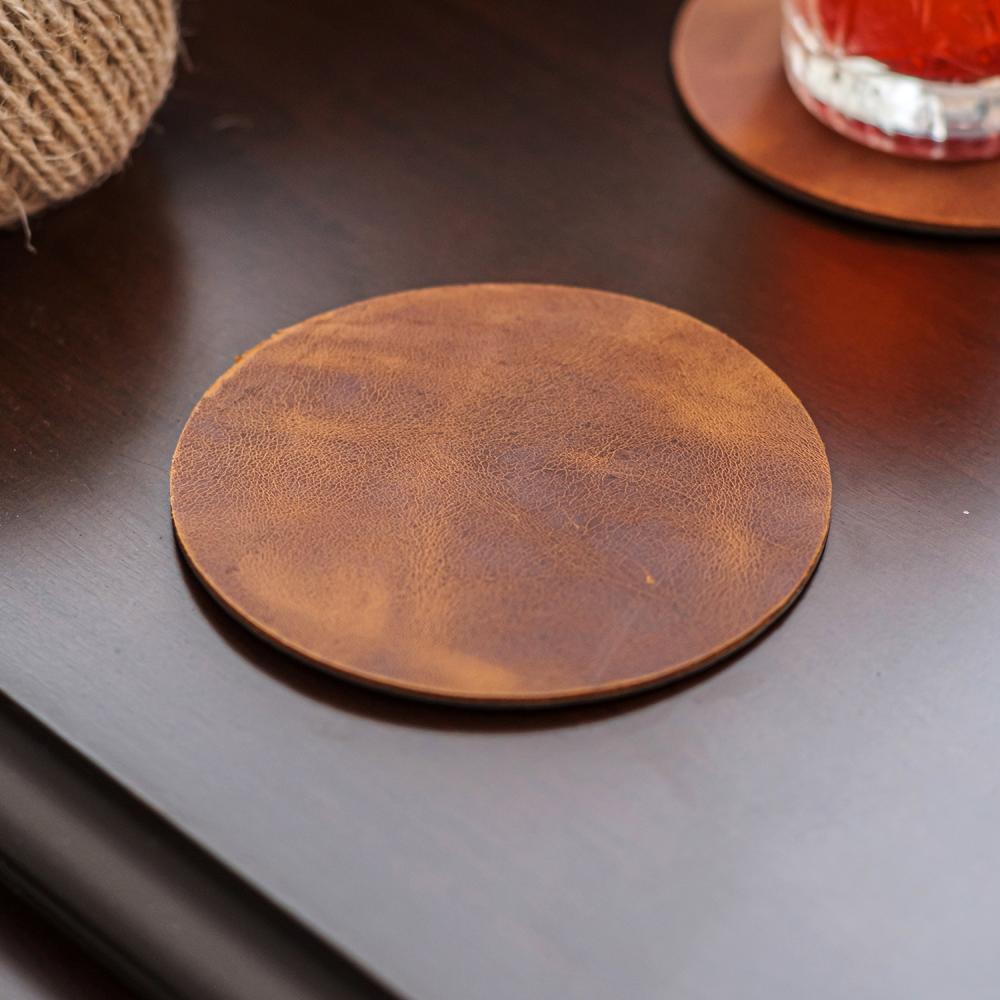 Kahverengi Yuvarlak Hakiki Deri Bardak Altlığı 4’lü set